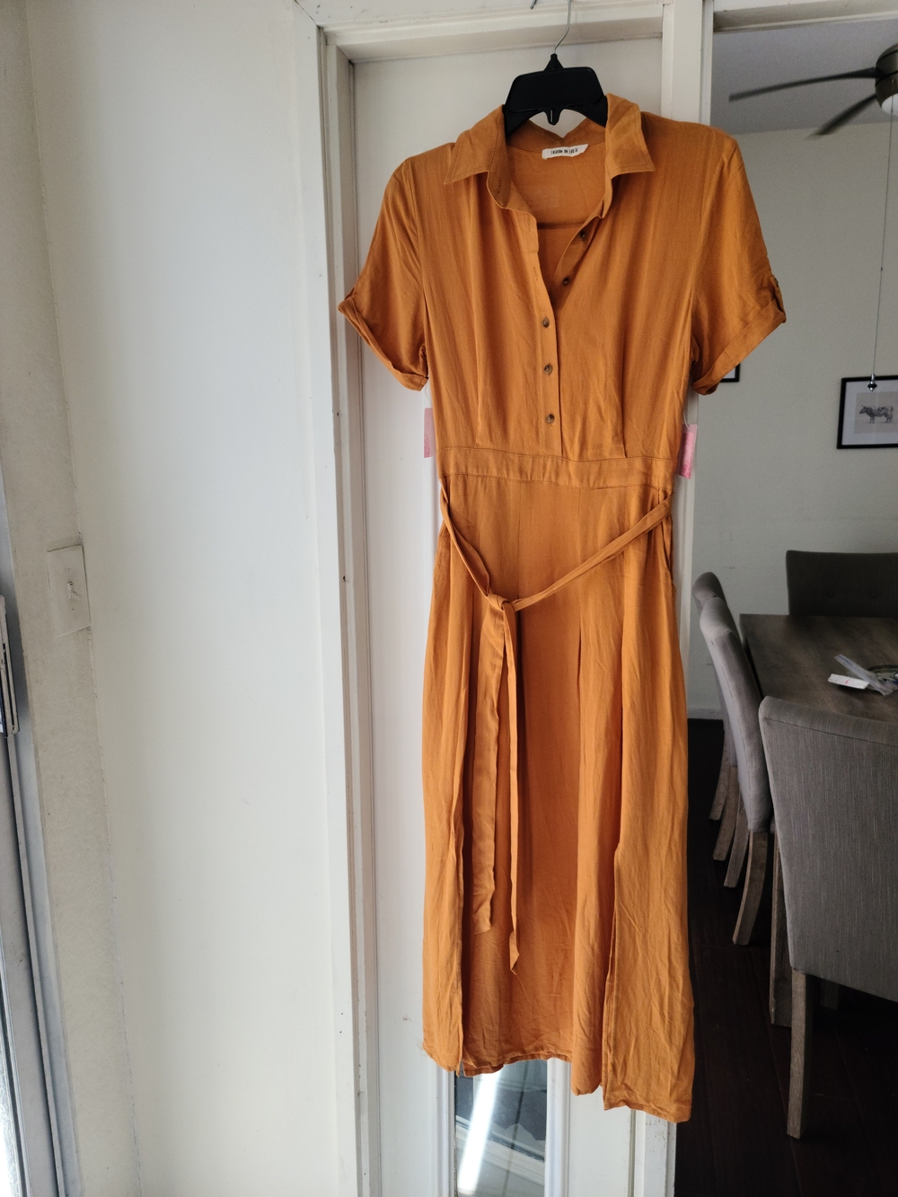Casual Mustard Midi Shirt Dress with Waist Tie